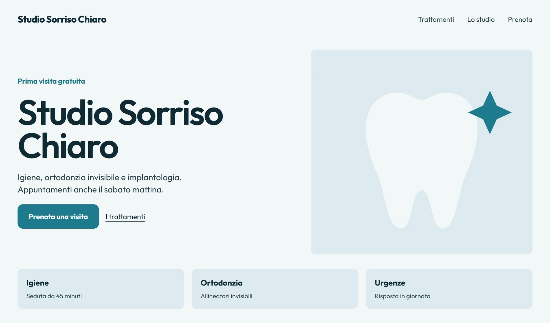 Concept: home di uno studio dentistico con prenotazione della prima visita