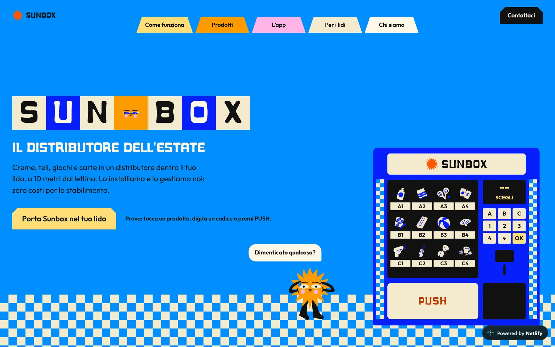 Home del sito Sunbox: il nome a caselle e un distributore automatico disegnato e funzionante